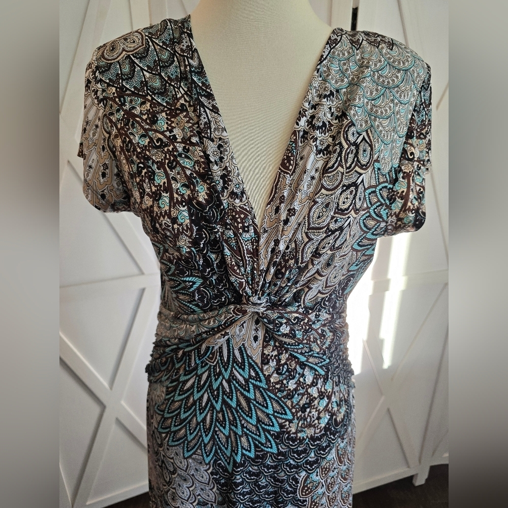 Connected - V-Neck Midi Dress with Twist-Front in a Blue, Brown Paisley Print - Picture 1 of 9
